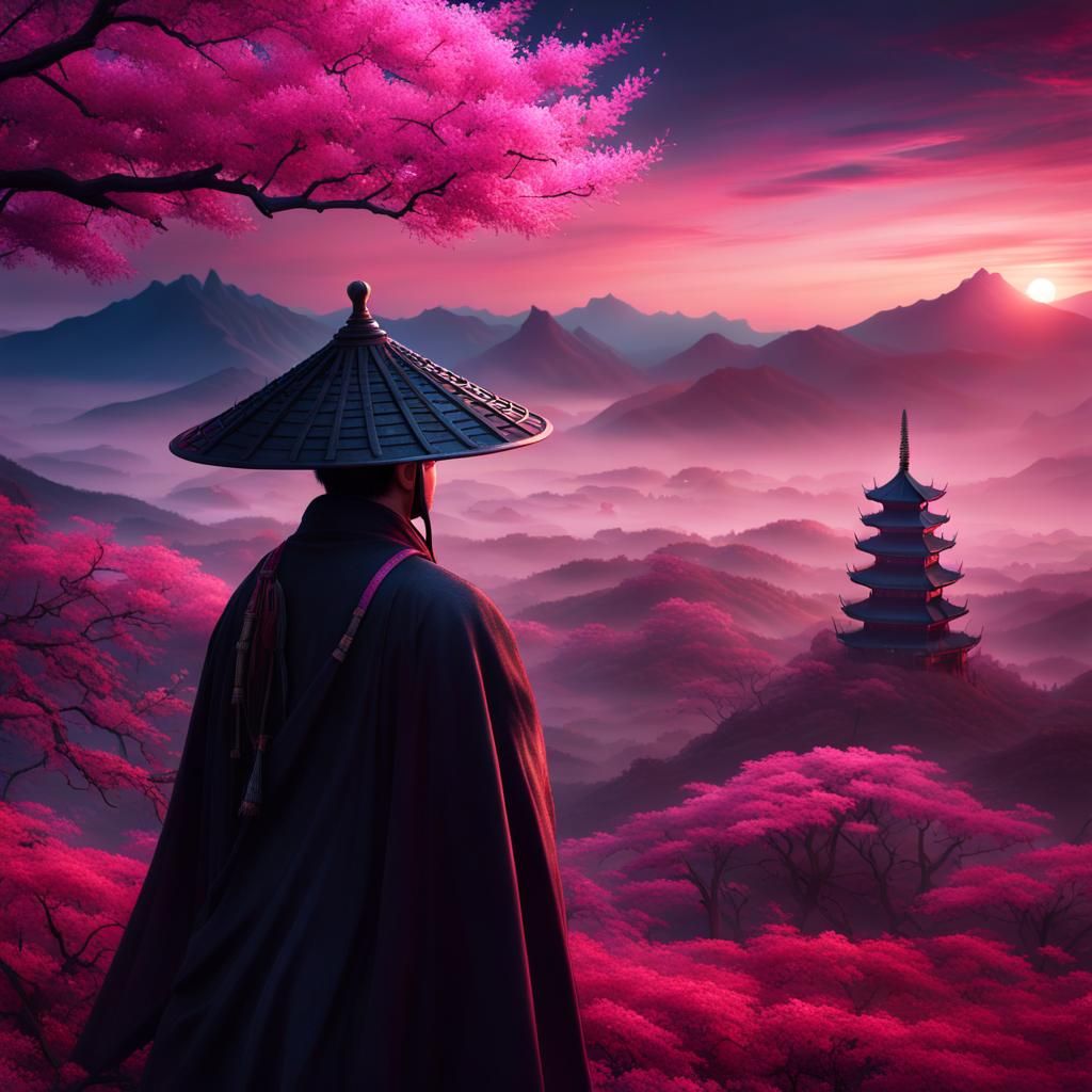 Mystical Samurai in Chinese Landscape at Sunset
