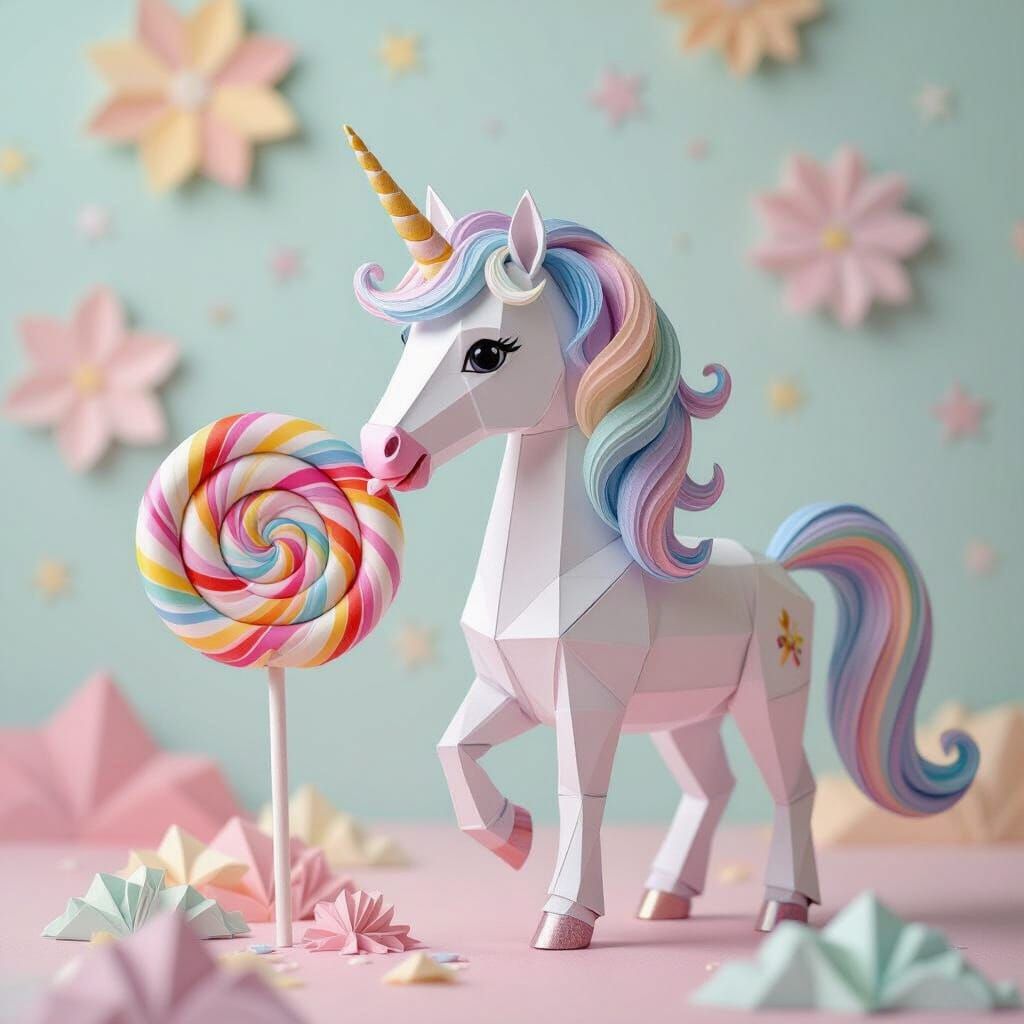 Whimsical Origami Unicorn Licking Lollipop