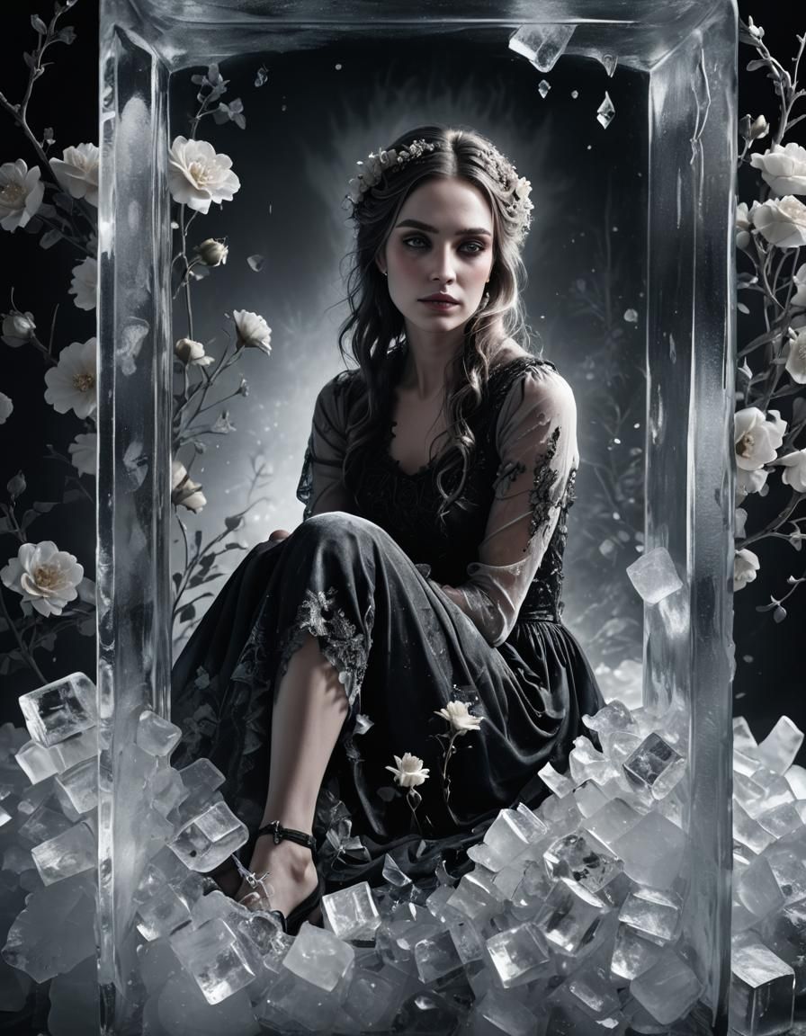 Romantic Gothic Face Encased in Ice with Flowers
