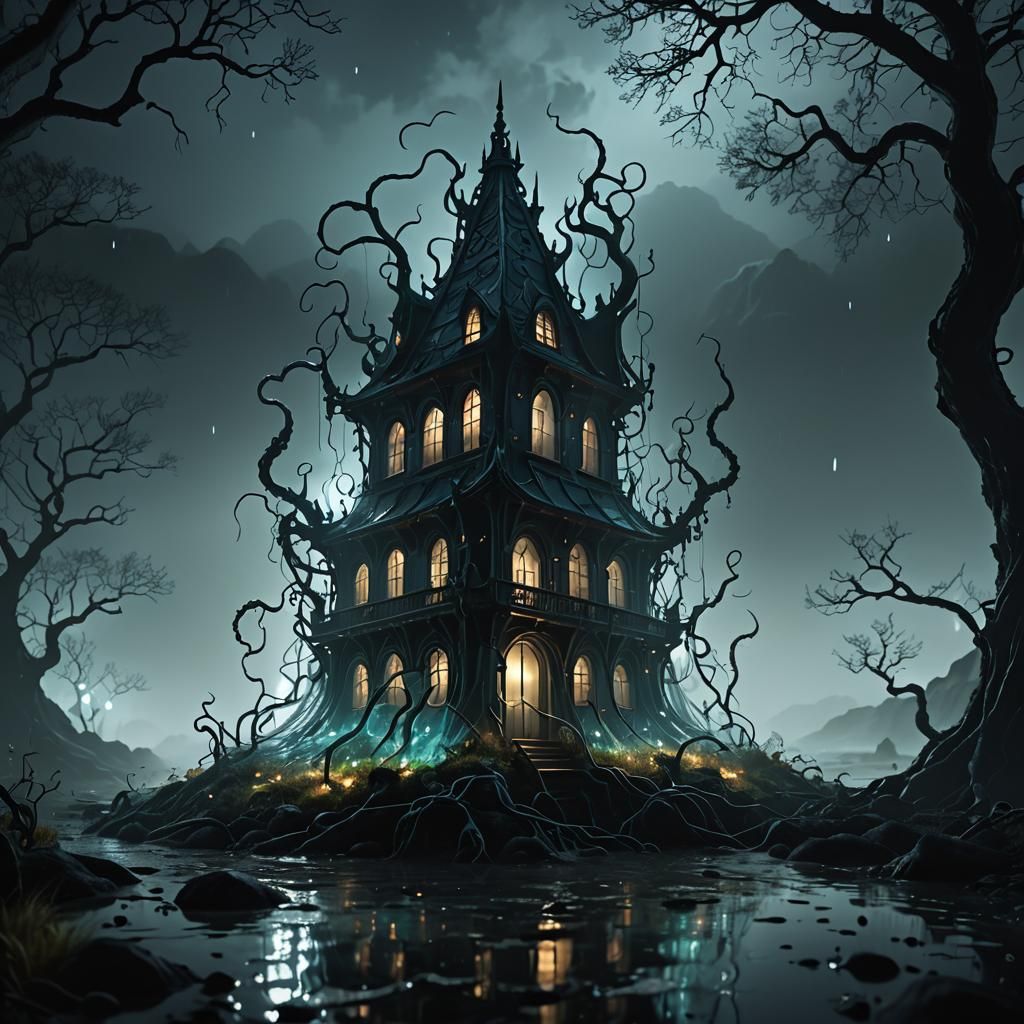 Eerie Dark Fantasy: Bioluminescent Structure in Fog, 3D Rend...