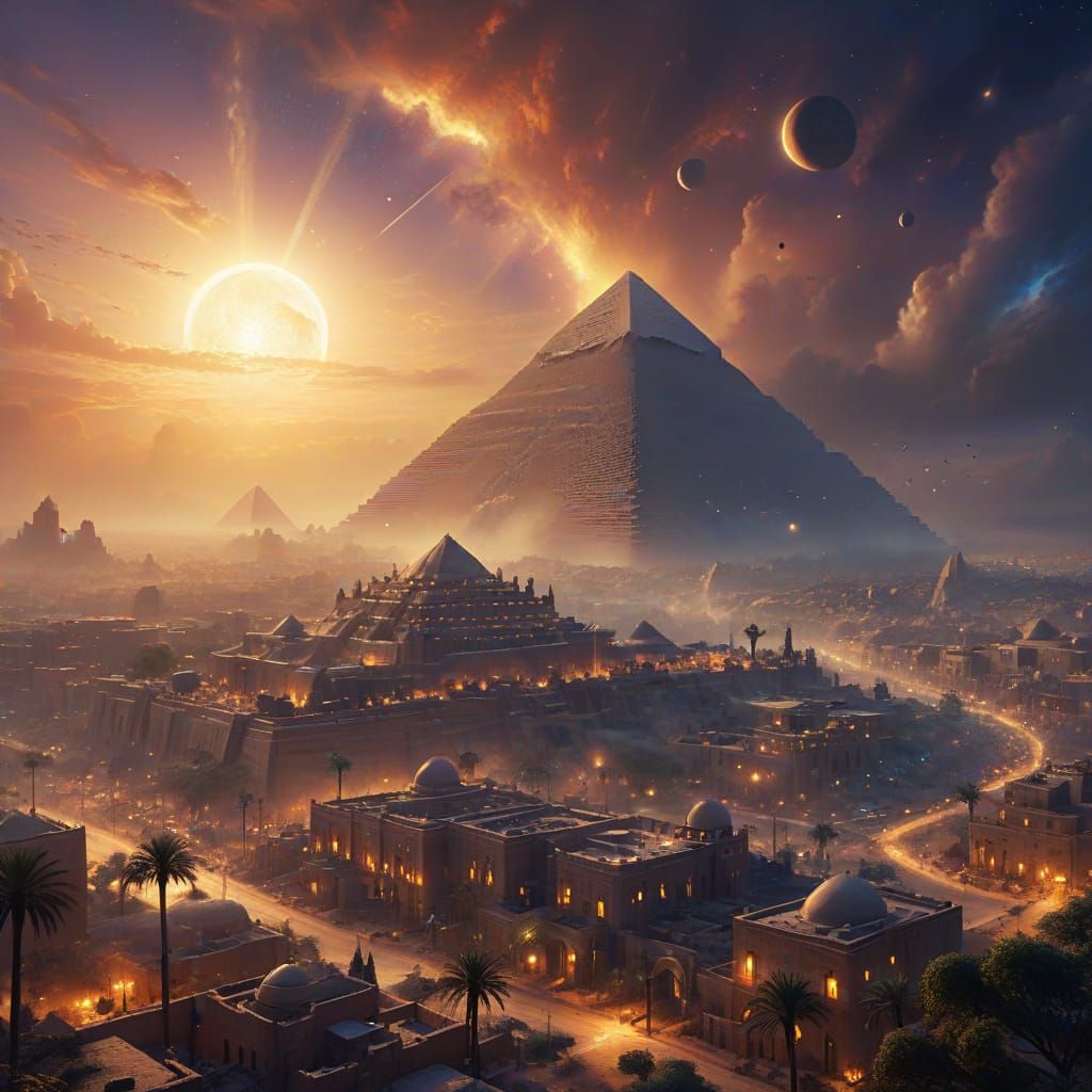 Ethereal Egyptian City with Planets, Fantasy Art