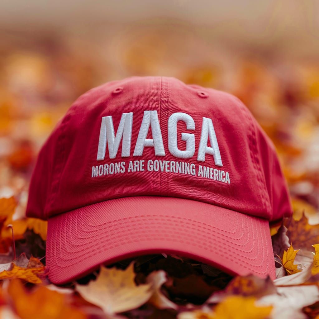 Red Baseball Cap with Bold MAGA Message Amidst Autumn Leaves