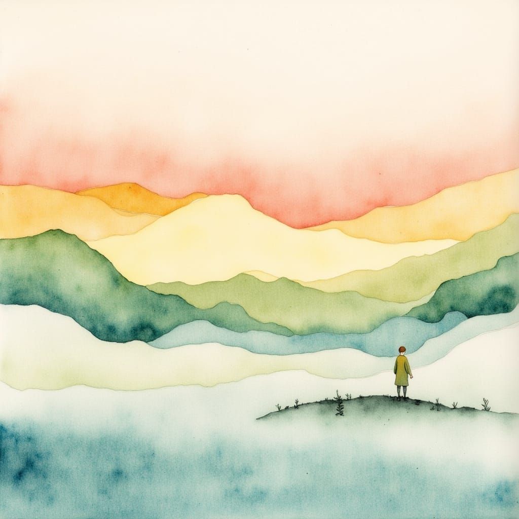 Dreamy Watercolor Landscape in Folk Art Style