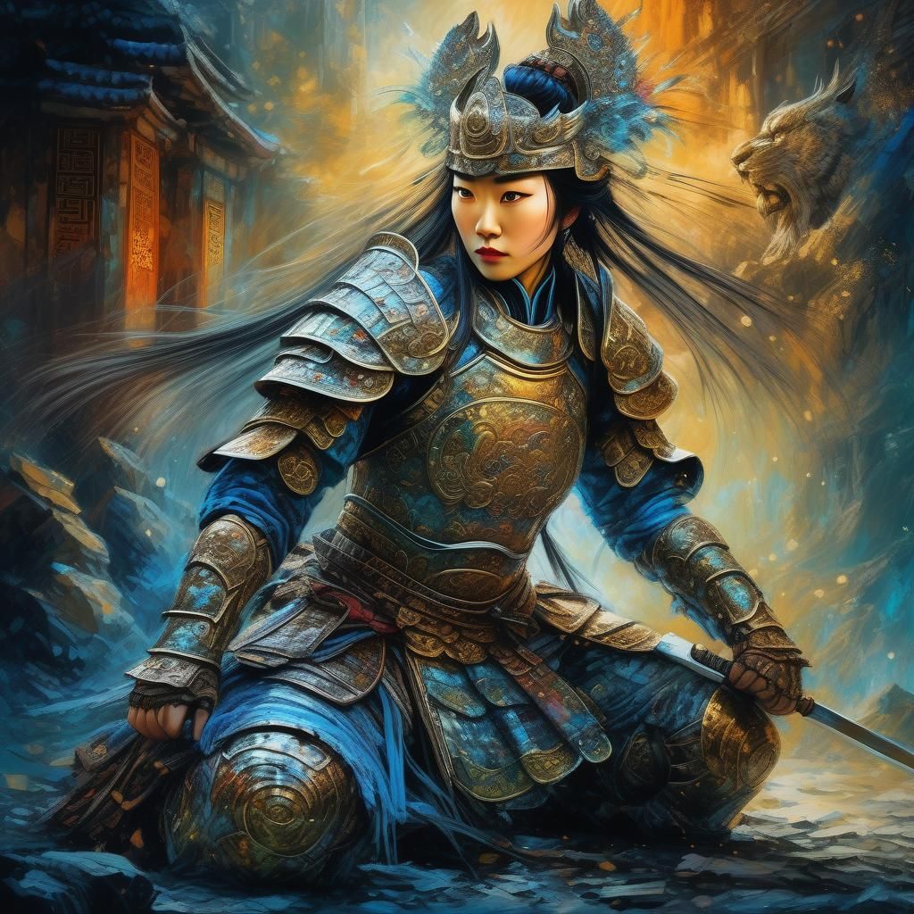 Chinese Armored Warrior Kneeling in the Night