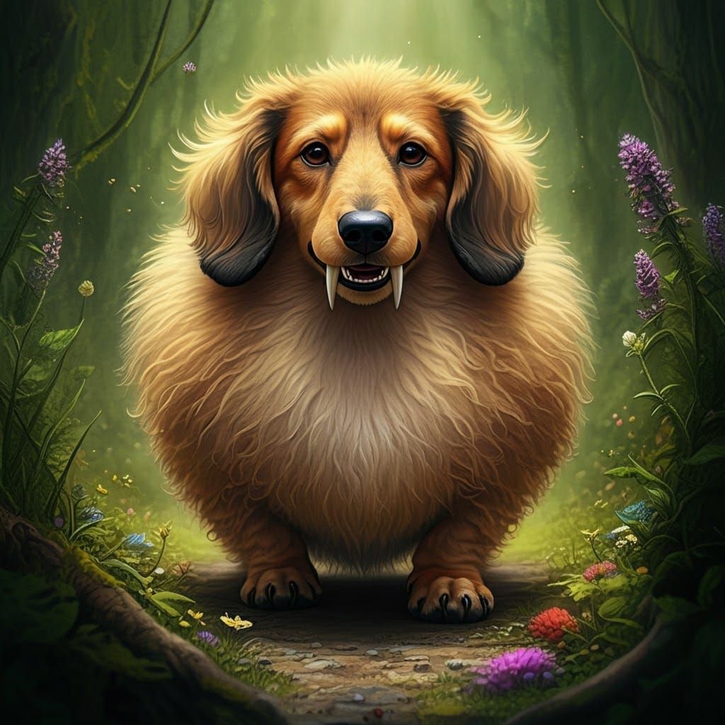 Dachshund Smilodon in Ghibli-Inspired Forest