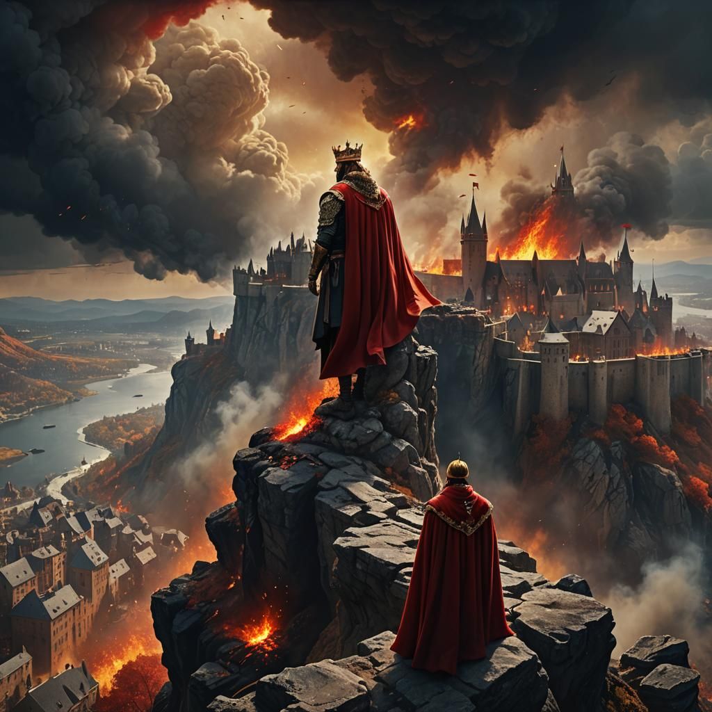Medieval King Overlooks Burning City: Dark Fantasy Art