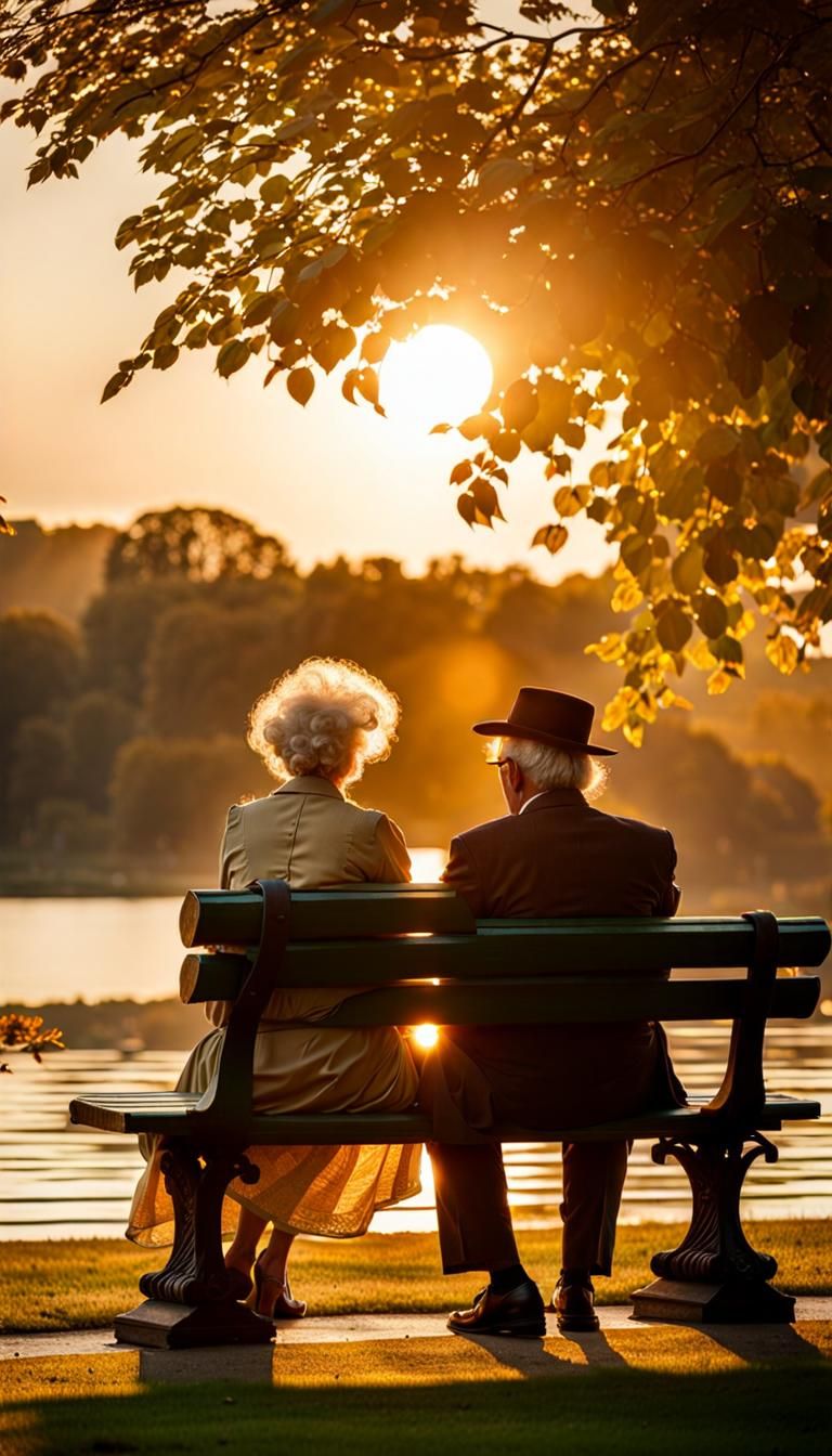 Elderly Couple Watching Sunset: Art Nouveau Photograph