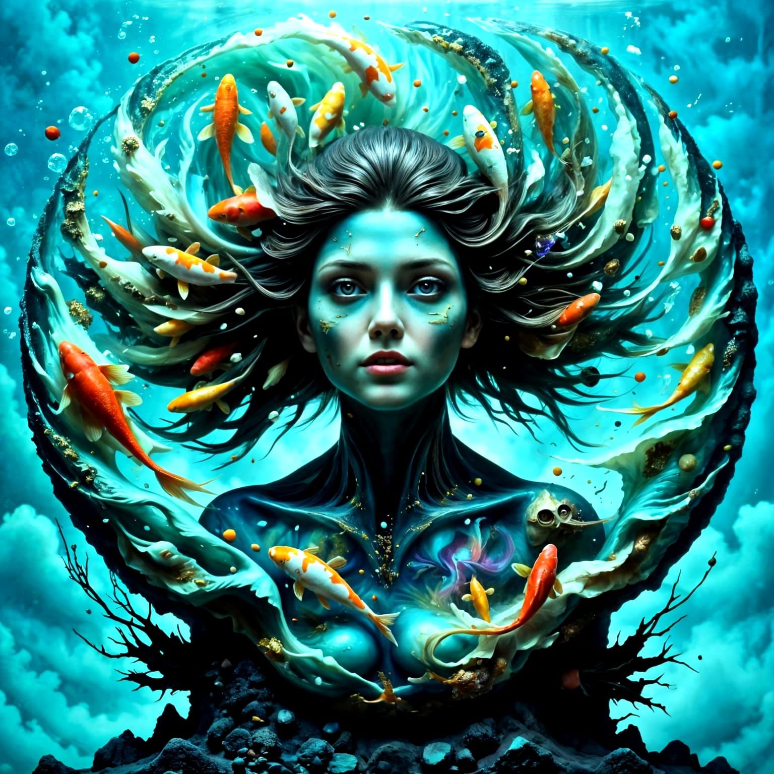 Crystal Water Hair with Koi in Hyperkraximalismus Style