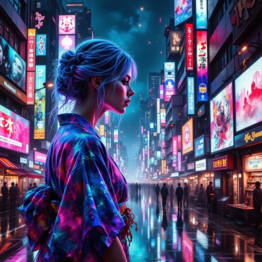 Modern Muse in Neon Tokyo: Cyberpunk Meets Art Nouveau