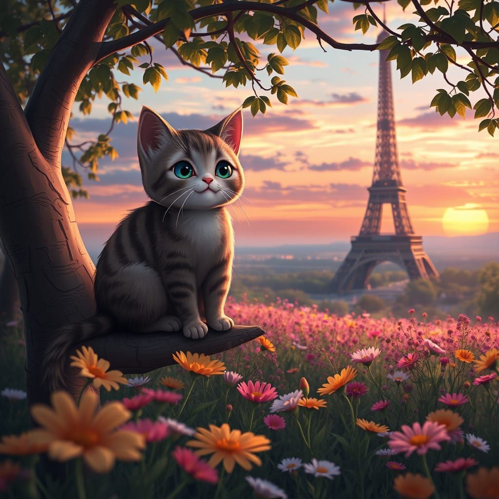 Anime Cat and Parisian Sunset in 3D Style