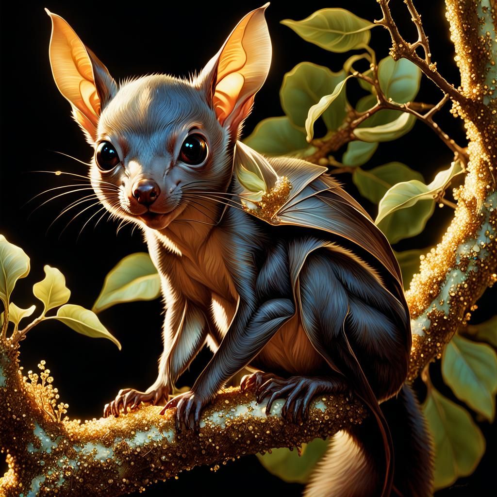 Bioluminescent Bat-Squirrel in Art Nouveau Style
