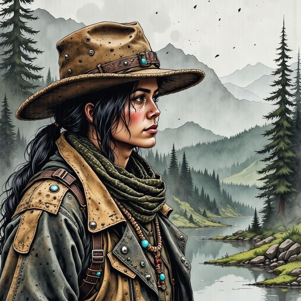 Misty Forest Gaze: Stoic Figure in Futuristic Attire