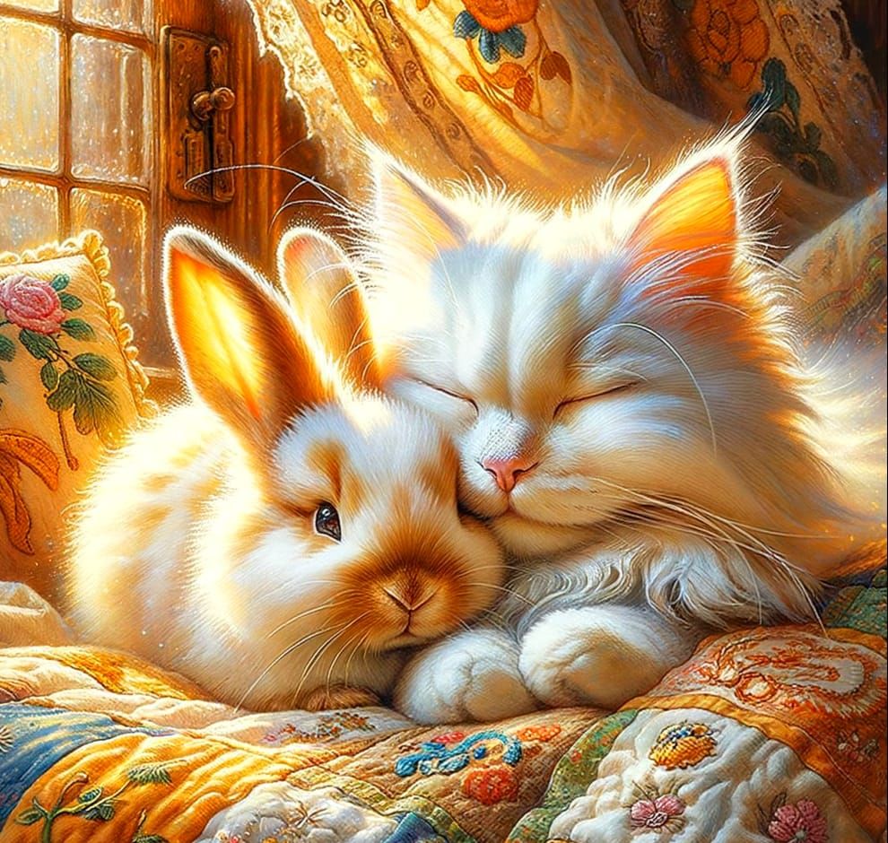 Fluffy Cat and Bunny Snuggle in Impressionist Sunlight