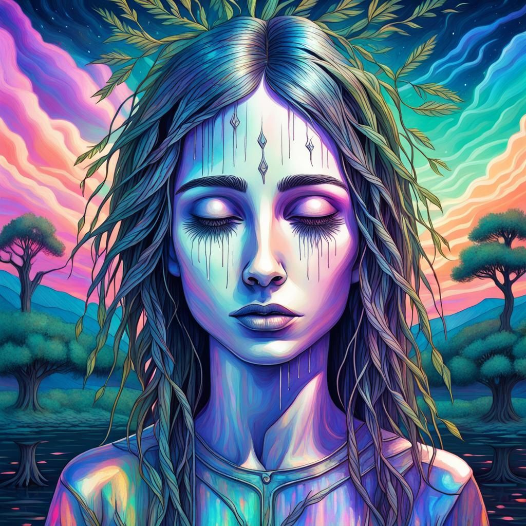 Gothic Willow: Holographic Astral Illustration