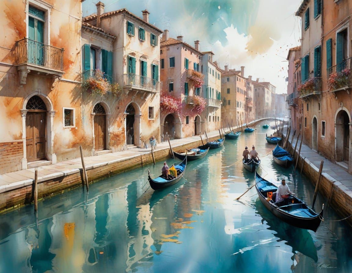 Impressionistic Watercolor of Venetian Canal with Gondolas