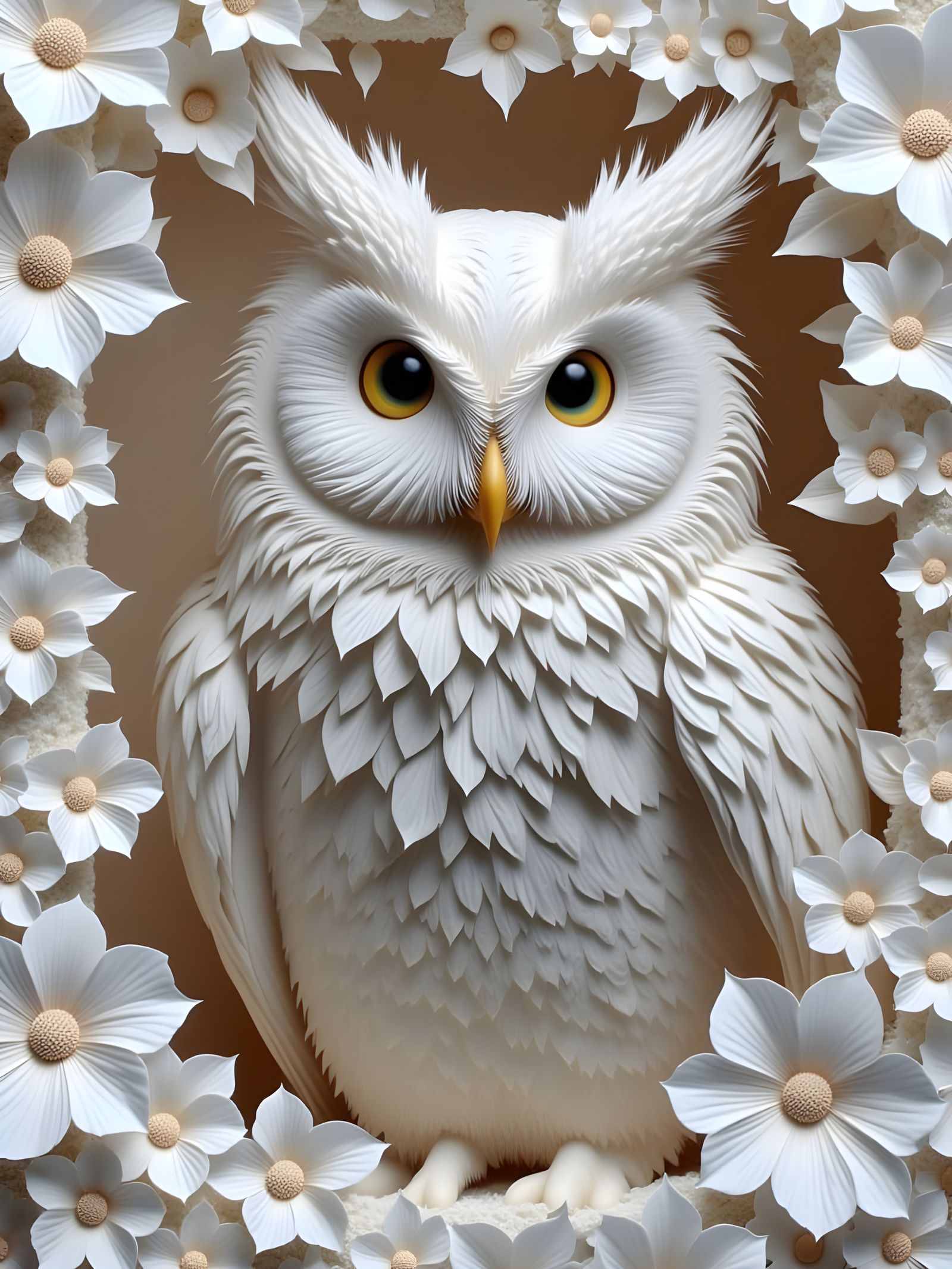 Ethereal White Owl in a Floral Hollow