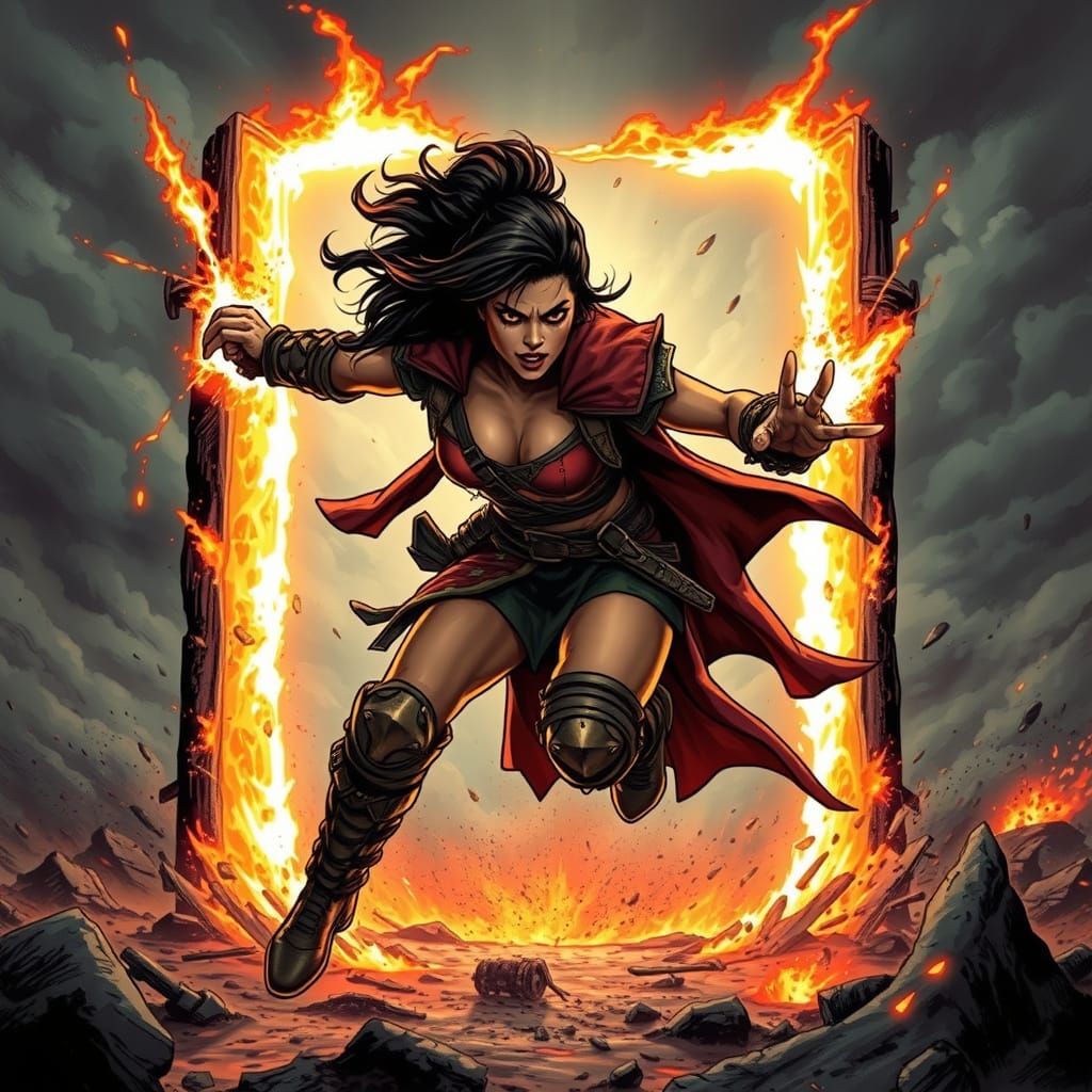 Latina Warrioress Leaping Through Fiery Portal