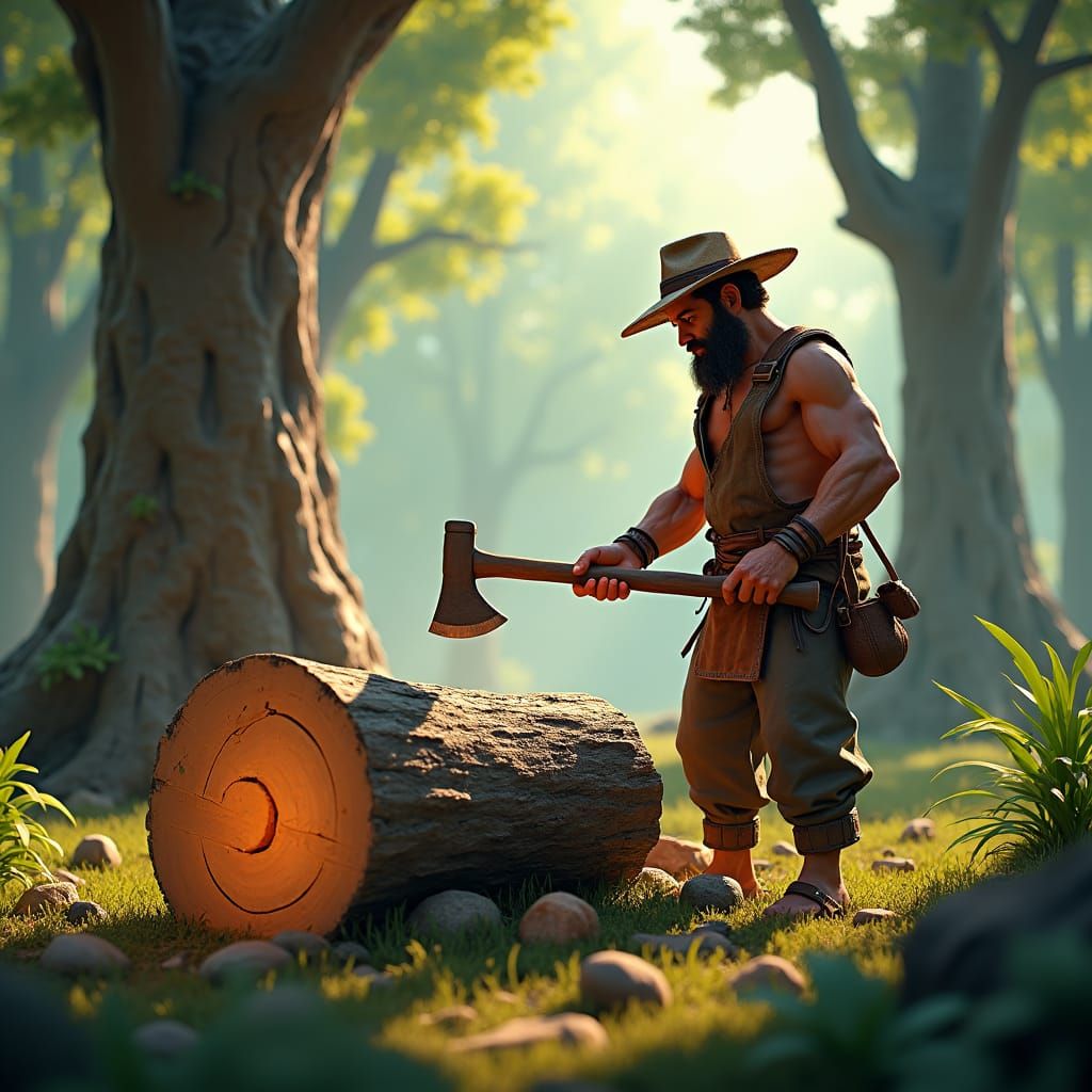 Woodcutter in Forest Clearing: 3D Game Cinematic