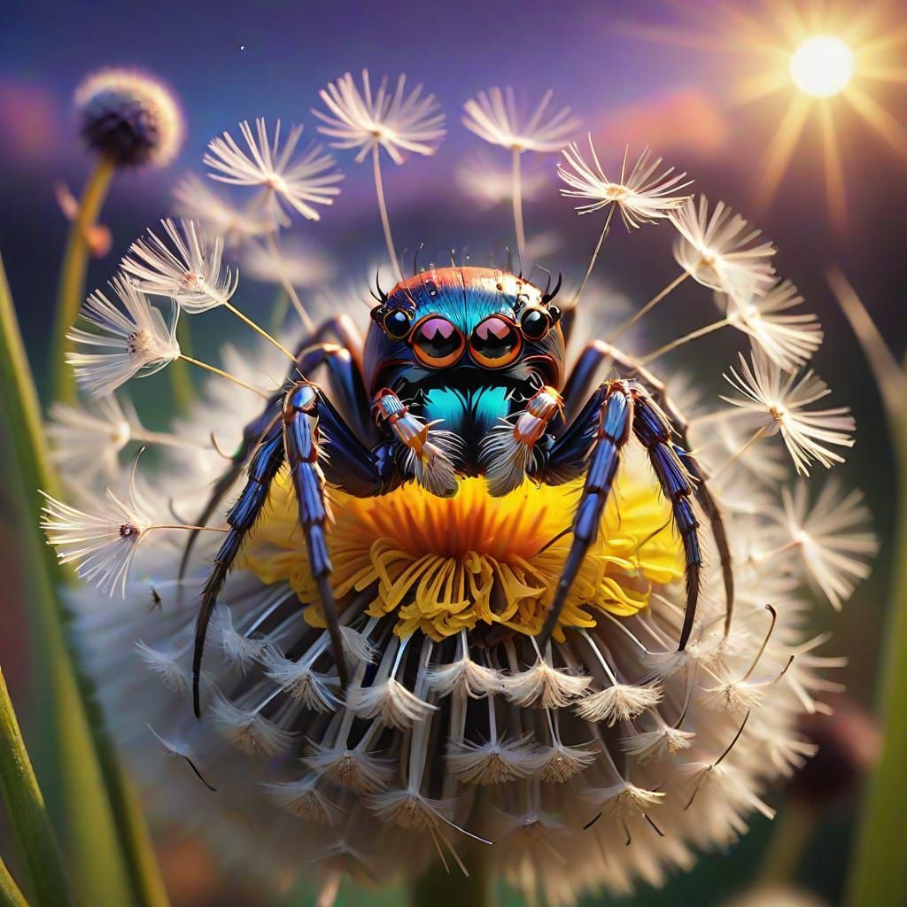 Whimsical Spider in Dandelion Bloom, A Pixar-Inspired Fantas...