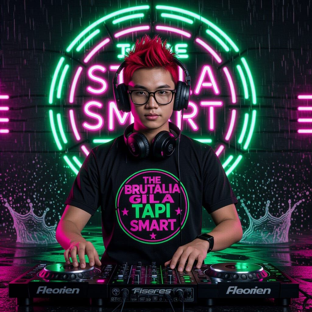 Cyberpunk DJ in Neon Rain: A Brutalia Aesthetic