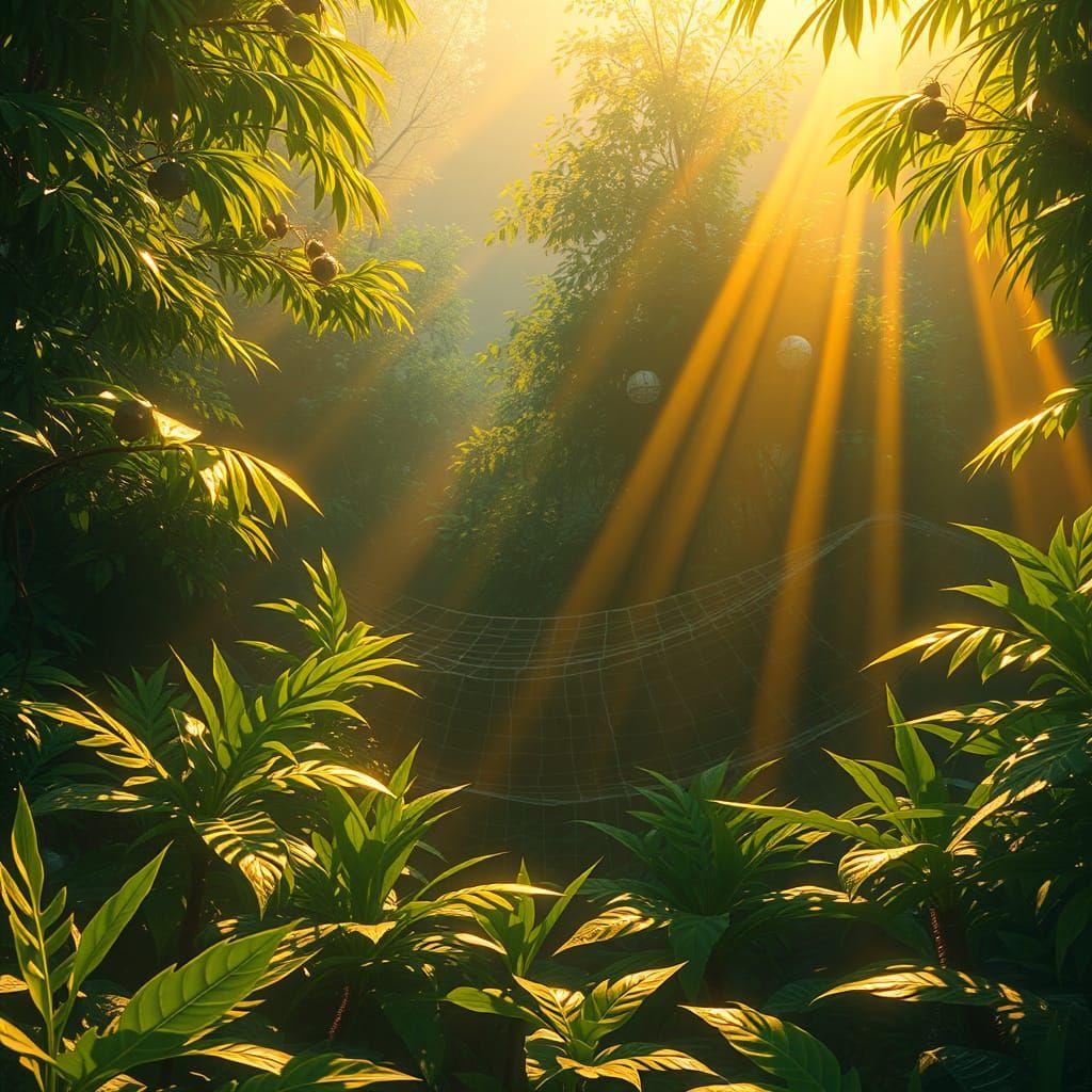 Mystical Jungle Twilight: Emerald Foliage and Rainbow Light