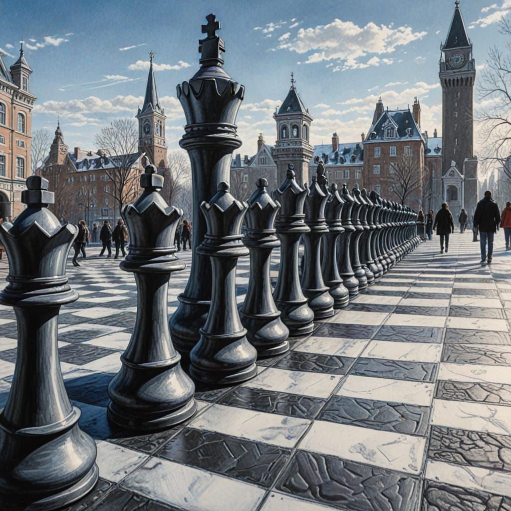Giant Chess Pieces in City: Charcoal Drawing