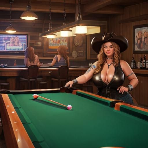 Cowgirl Plays Pool in a Western Barroom