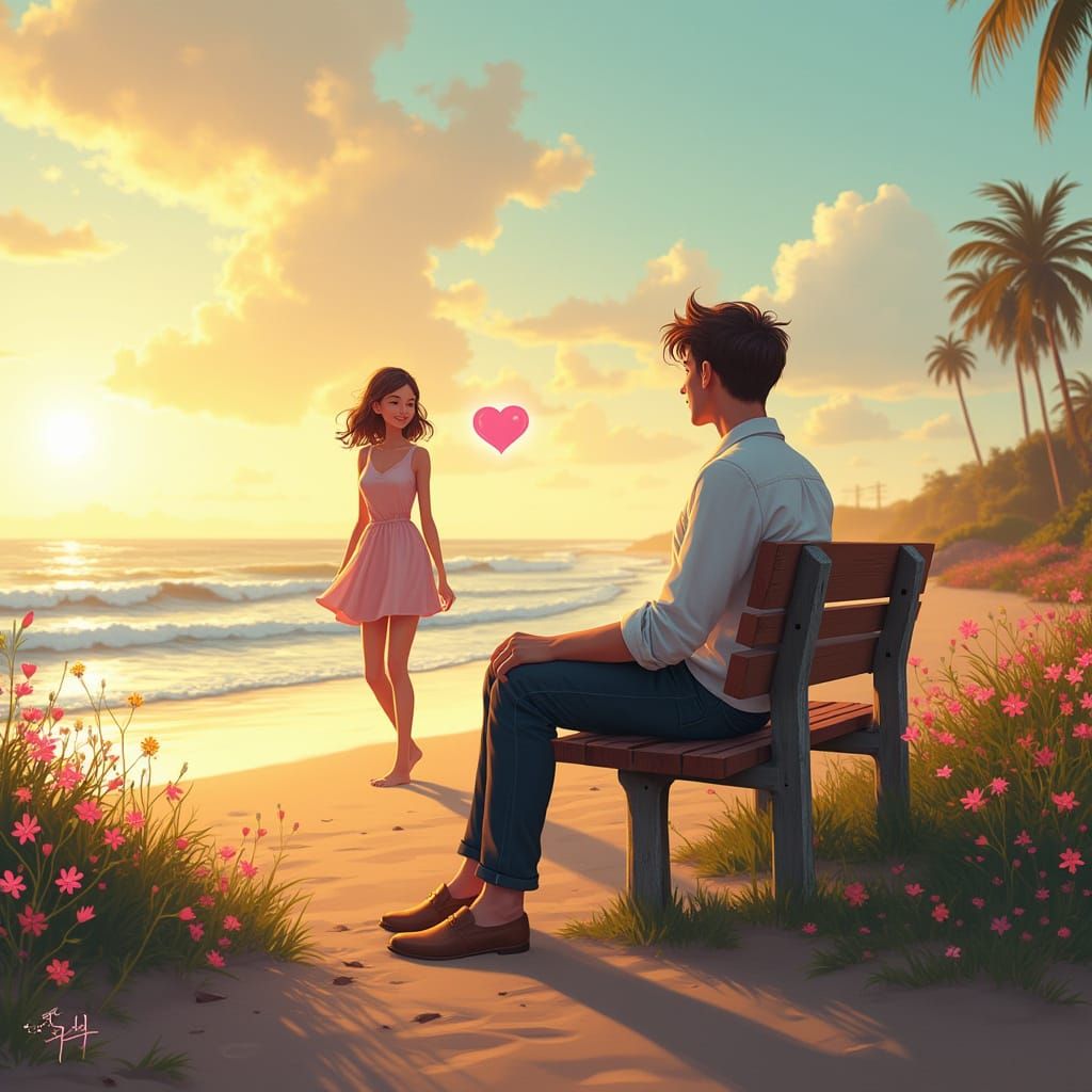 Romantic Beach Scene: Man Awaits Approaching Woman with Glow...