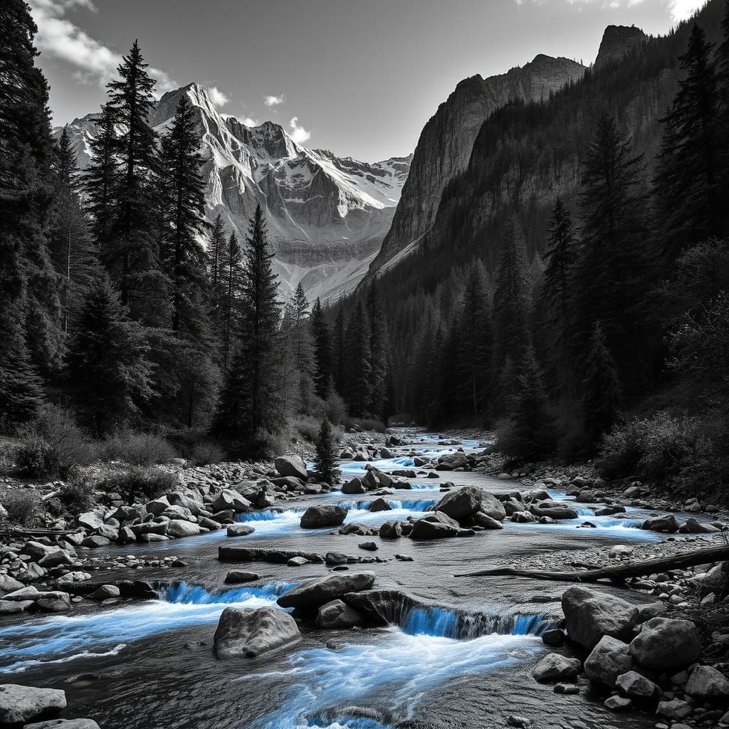 Blue Stream in Black and White, Alphonse Mucha Style