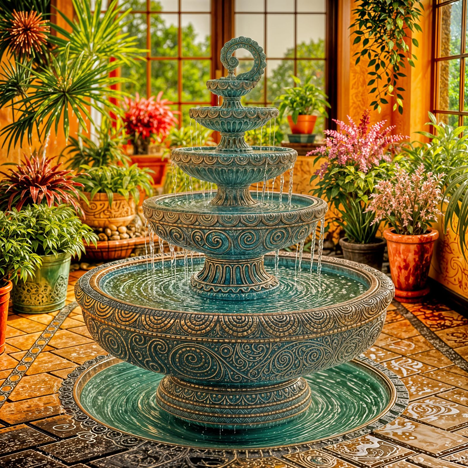 Boho Sunroom with Spiraling Water Fountain