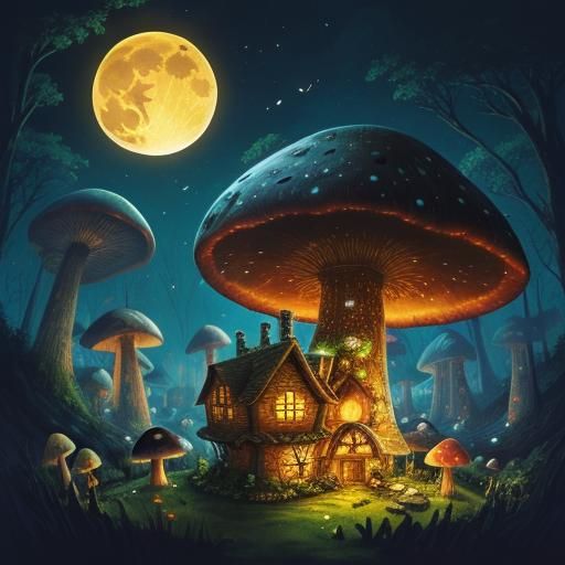 Giant Mushroom House in a Fantastical Landscape
