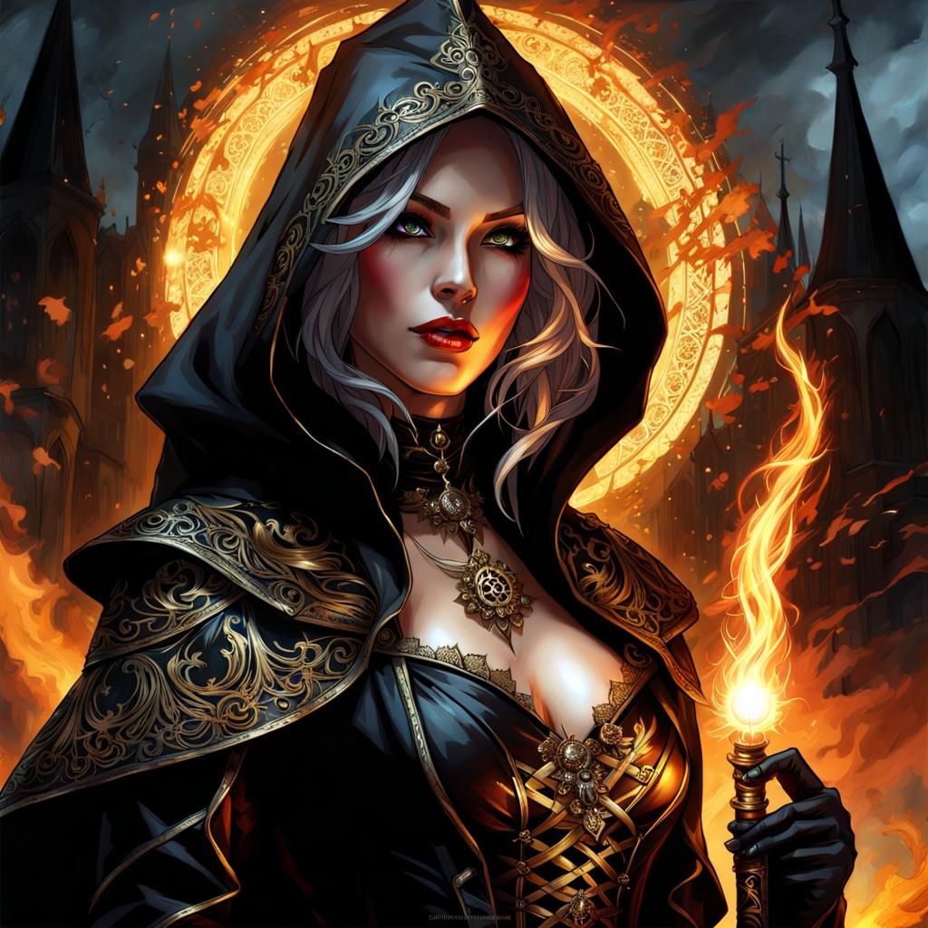 Gothic Black Magic Mistress in Fire Circle