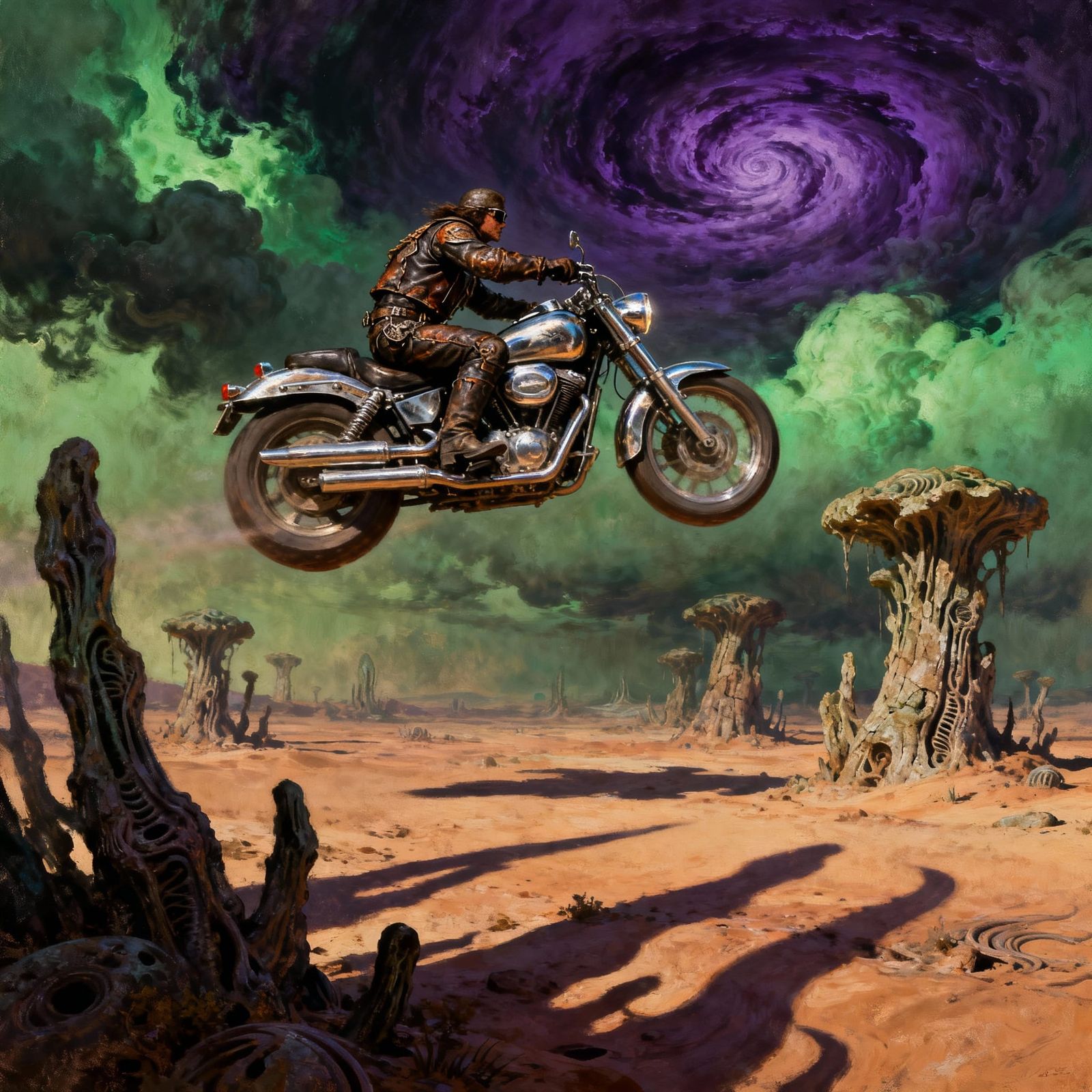 Biker in Leather Armor on Hovering Motorcycle in Alien Deser...