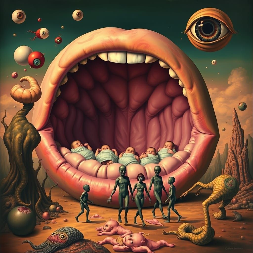 Surreal Mouth with Infants and Dreamlike Figures