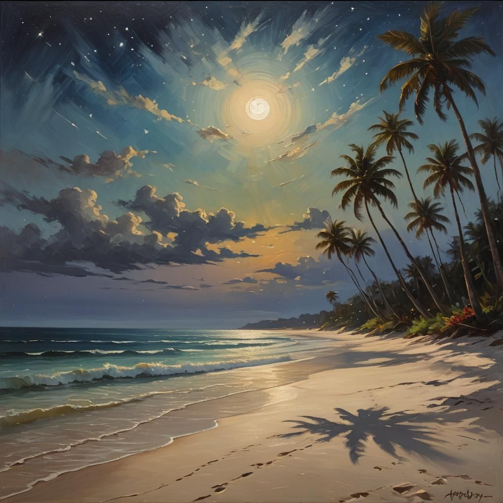 Moonlit Beachscape Oil Painting in Hyperrealistic Style