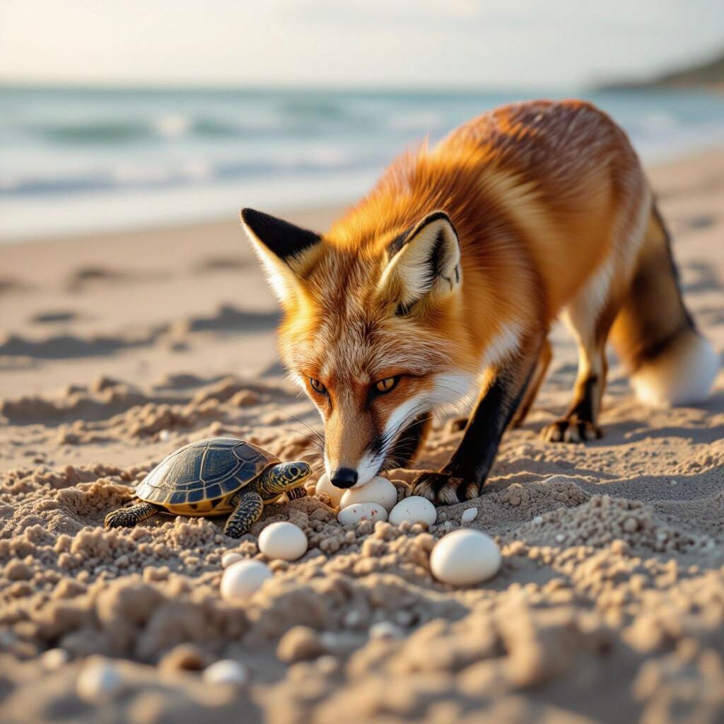 A Fox is digging up turtle eggs on the beach