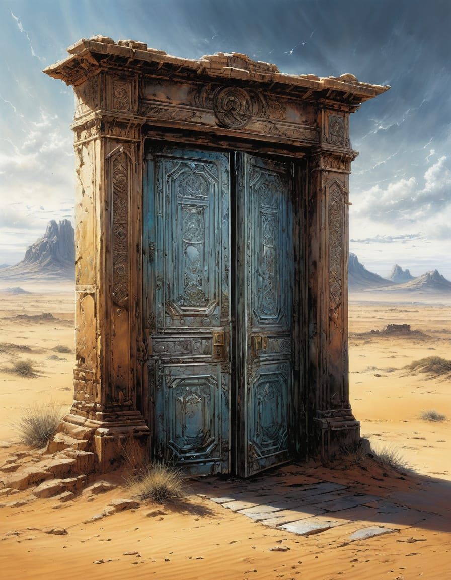 Mysterious Glowing Door in Desert Landscape