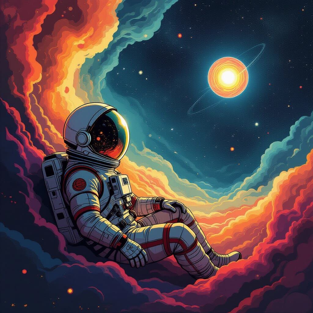 Astronaut Adrift in Cosmic Nebula, Comic Book Art Style