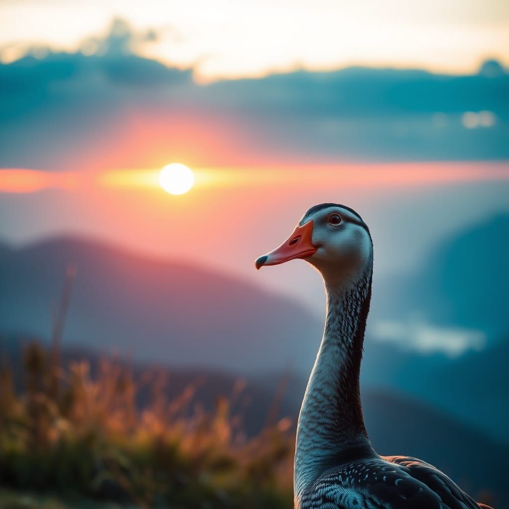 Duck Captures Mountain Sunset in Photo