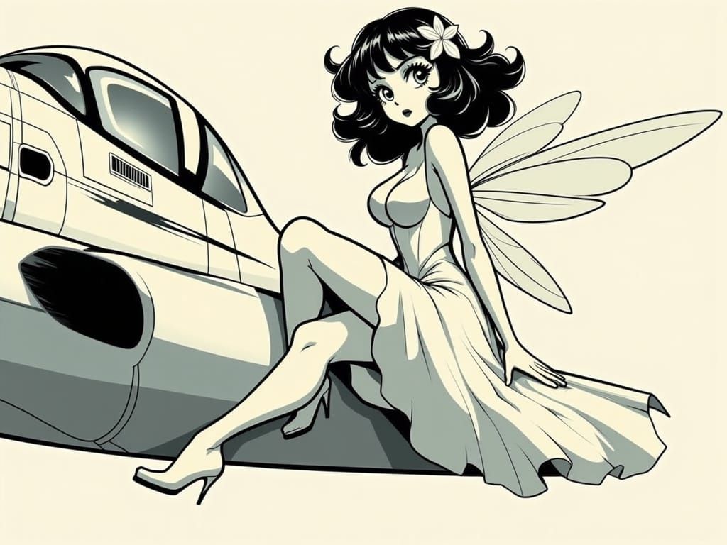 Vintage Anime style female fairy black and white vintage animation in the style of Betty Boop pin-up airplane nose art <...