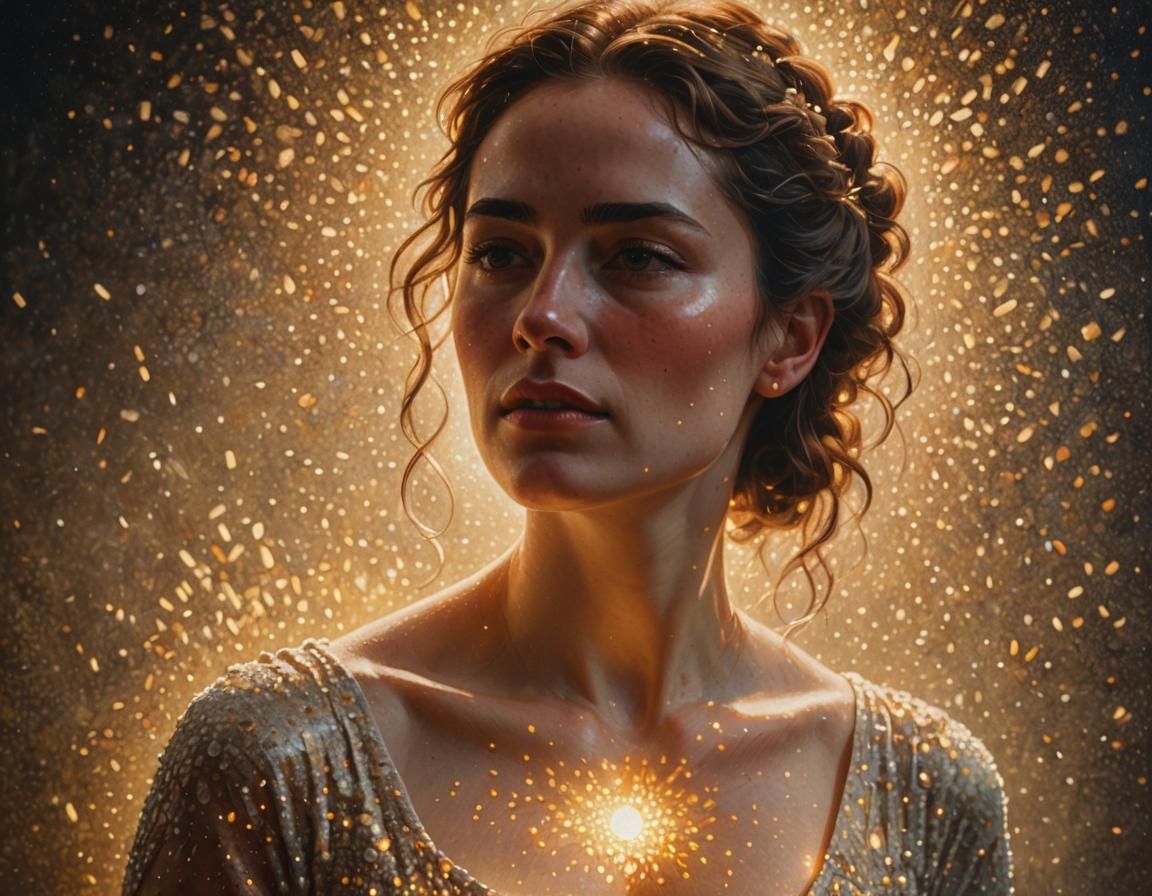 Woman with Glowing Chest, Pointillism Oil Painting