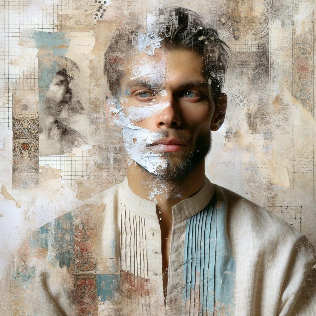 Diverse Man Portrait in Mixed Media Encaustic Style