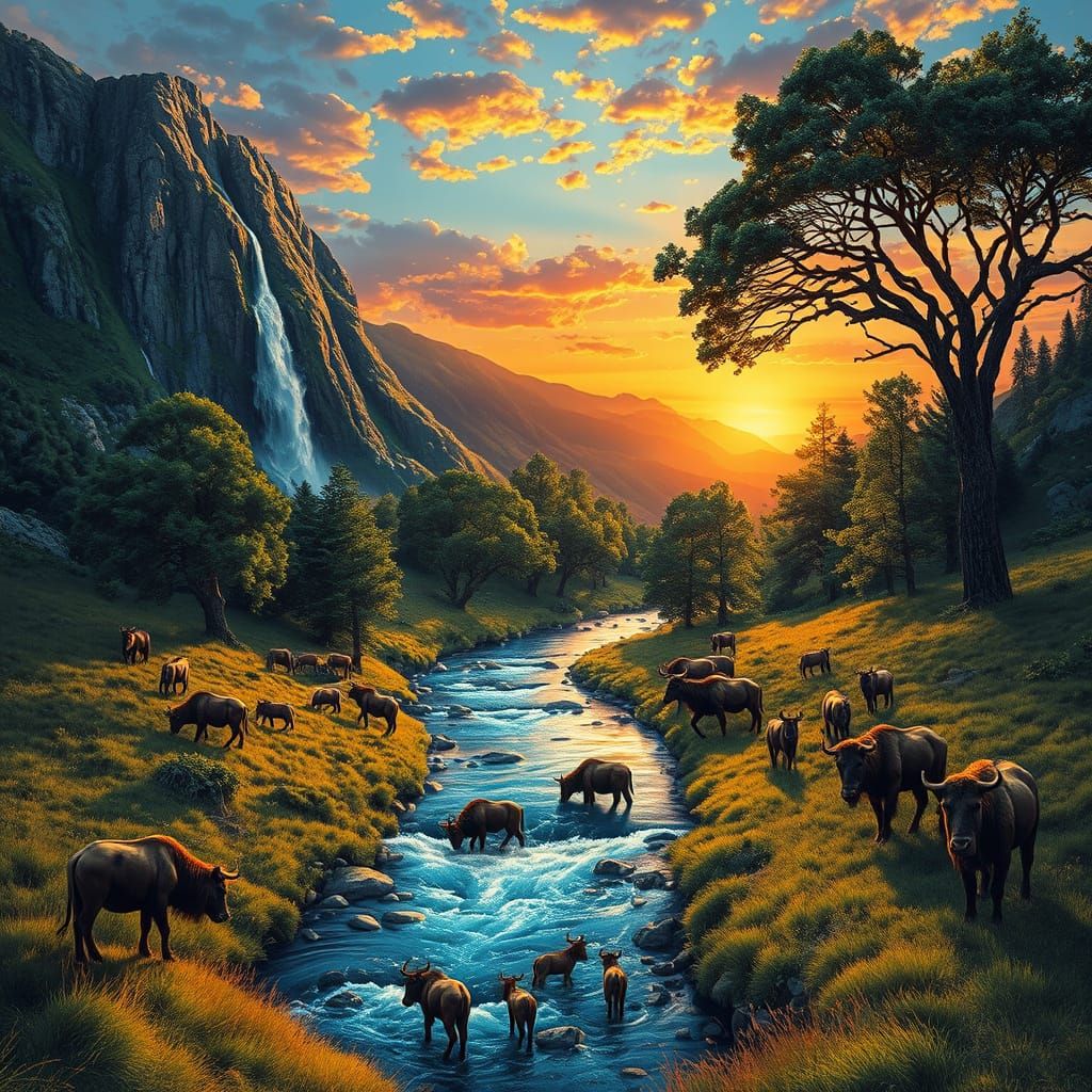 Scenic Landscape with Grazing Animals in Astral Style