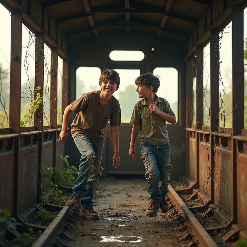 Boys Play on Rusty Locomotive, Dreamlike Realism