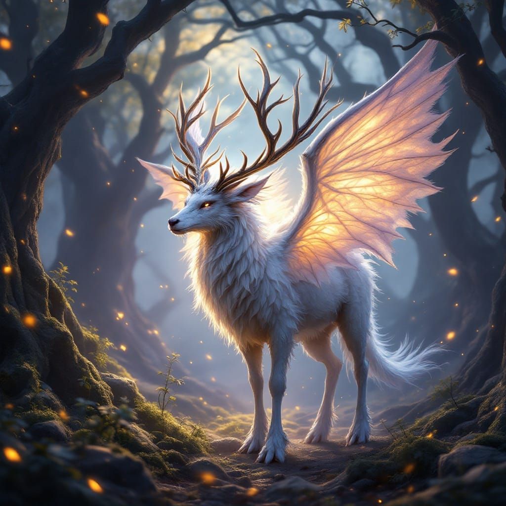 Ethereal White Dragon Deer in Moonlit Elven Woods