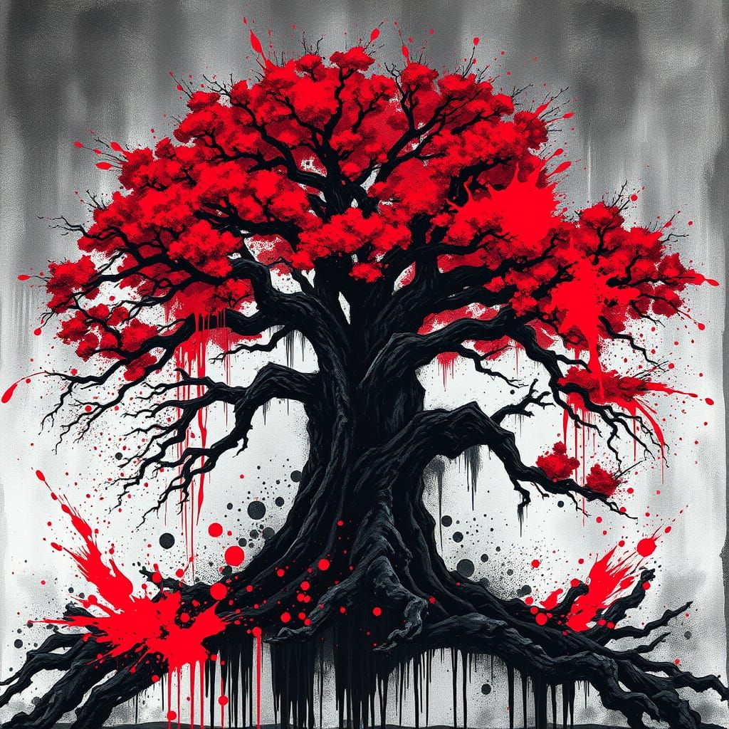 Black and red ink splatter on canvas, tree