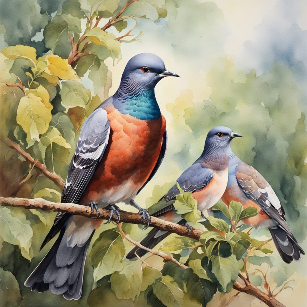 Passenger Pigeon Perching in Watercolor Style