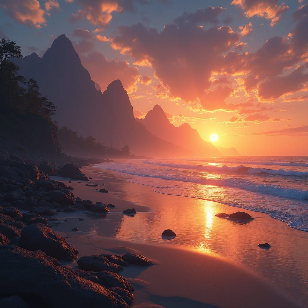 Fantasy Beach Sunset with Mountains and Stars