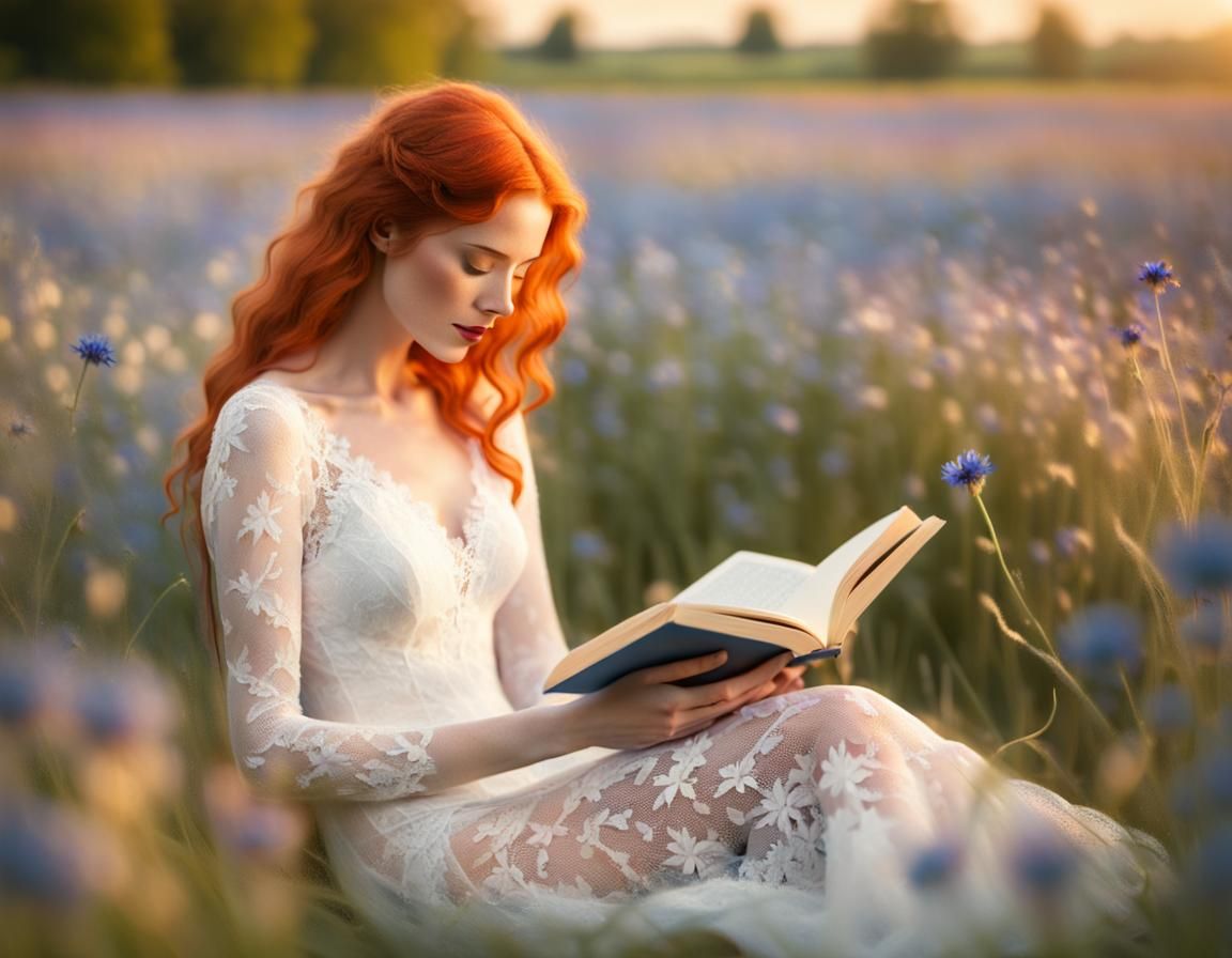 Woman Reading in Cornflowers: Romantic Realism