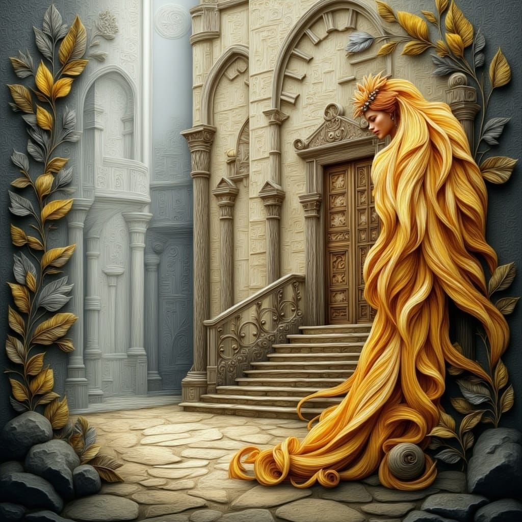 Golden Phoenix in Cathedral Courtyard: Acrylic Painting
